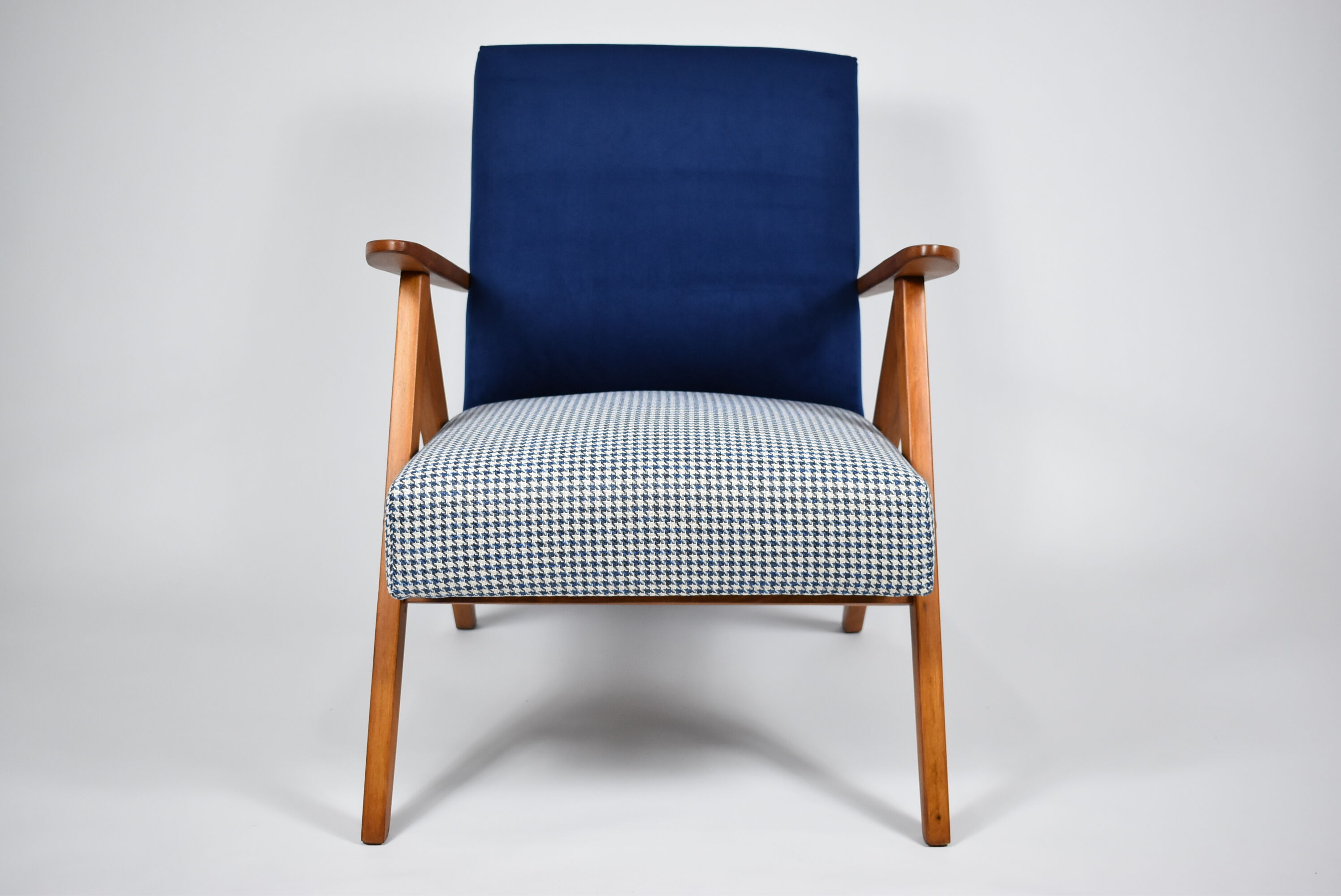 Vintage original 60s armchair, refstored, blue velvet, poule fabric
