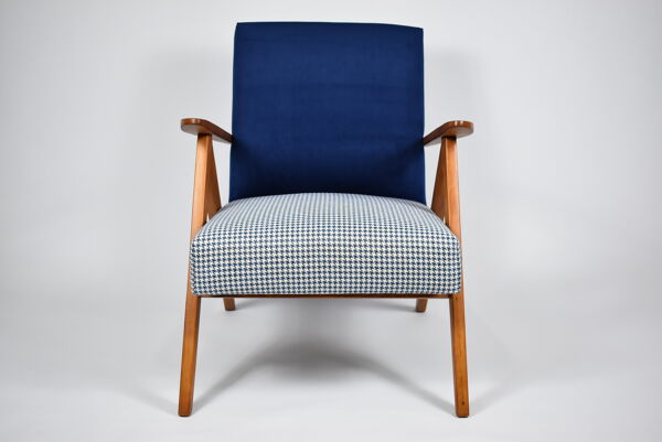 fauteuil original vintage des années 60, refstored, velours bleu, tissu poule