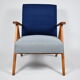 Vintage original 60s armchair, refstored, blue velvet, poule fabric