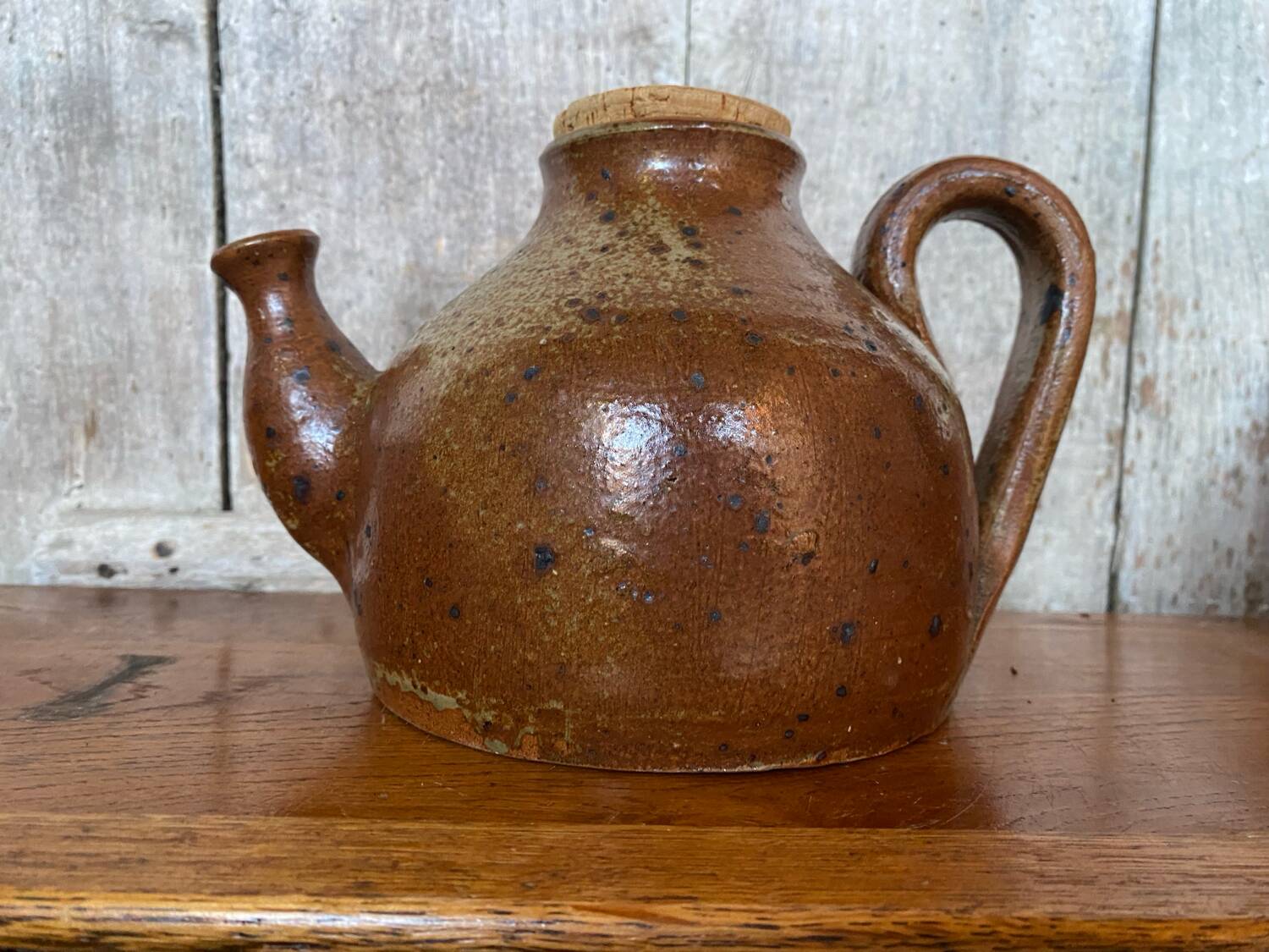 Antique brown beige pyrite stoneware teapot + vintage cork stopper
