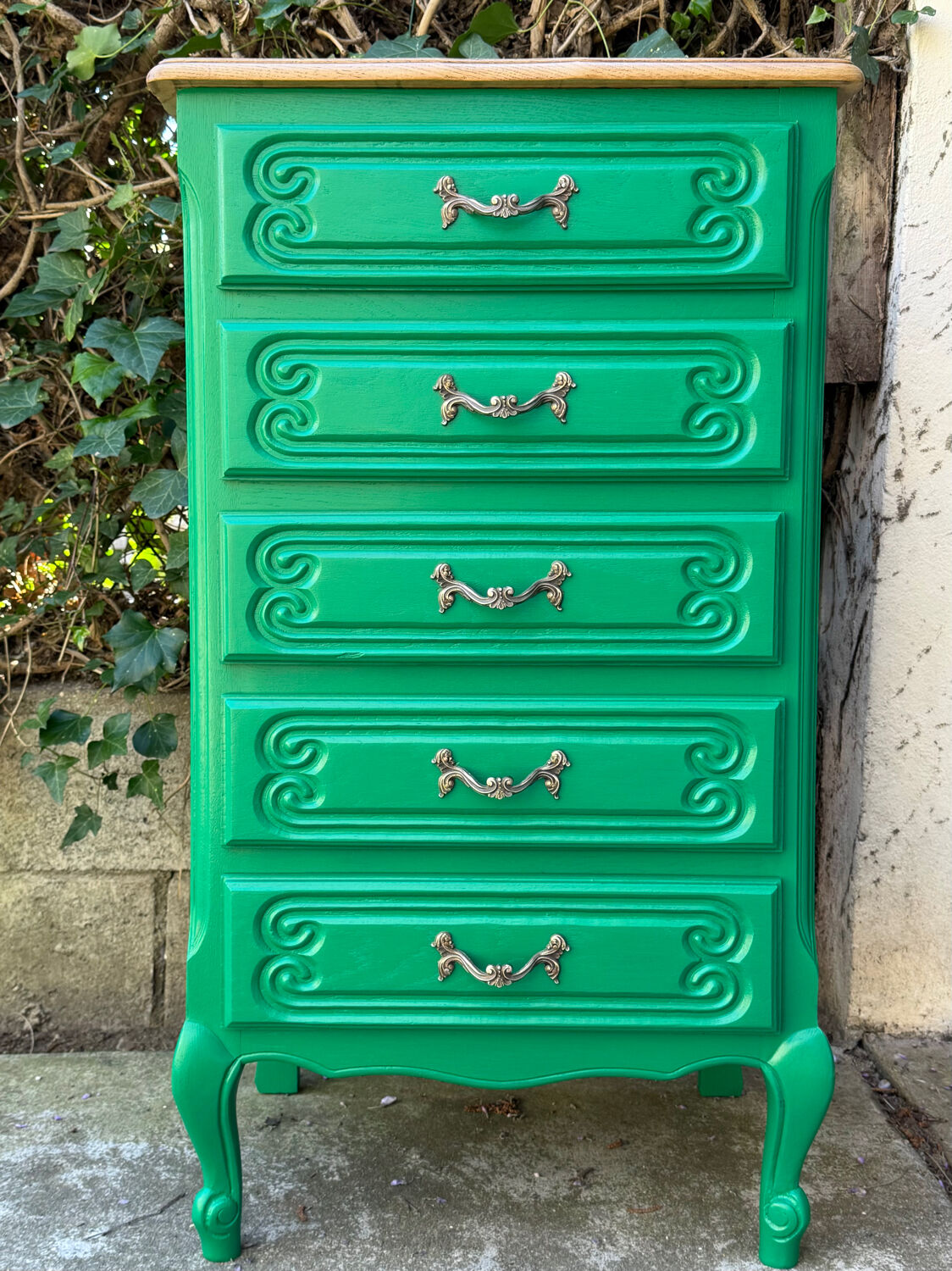 Vintage green oak chest of drawers from the 1960s.