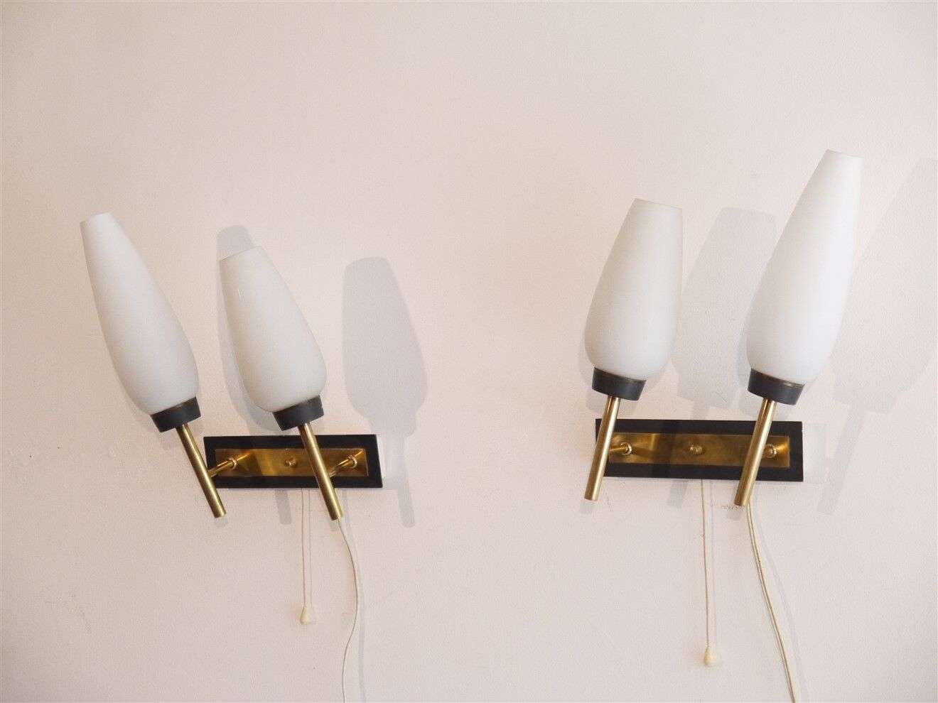 Pair of vintage brass metal and opaline wall lamps 1960