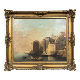 Italian school painting from the 19th century around 1800: oil on canvas, view of a lively port