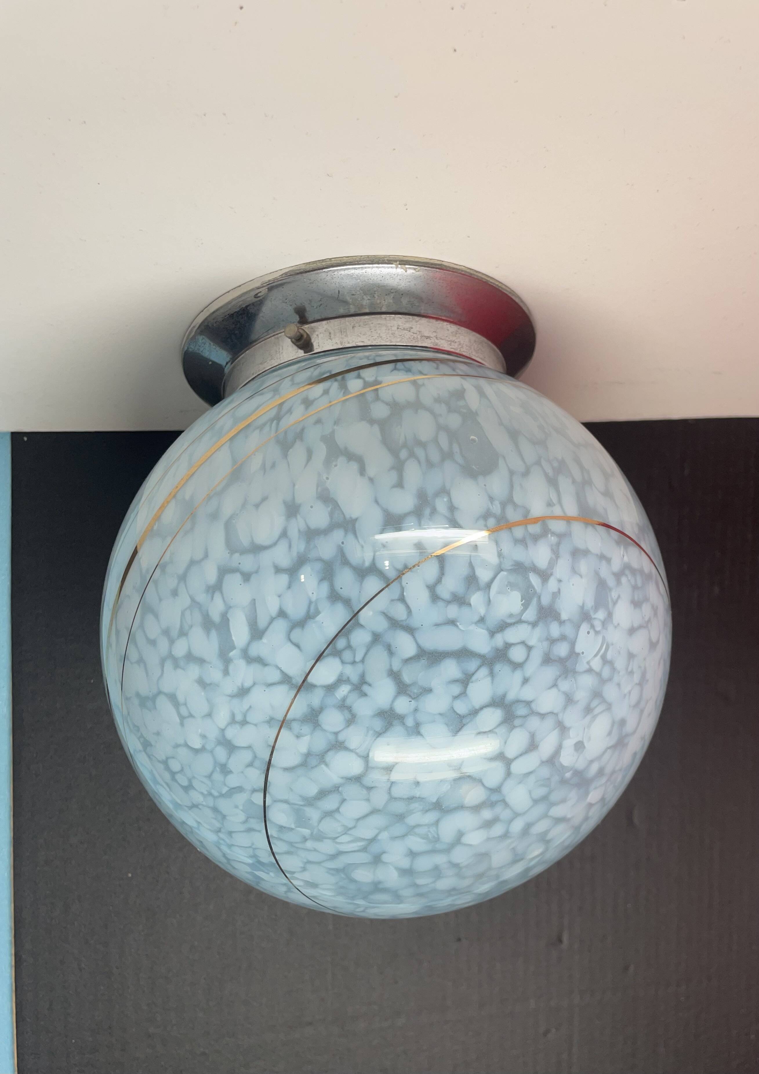 Old glass globe ceiling light clichy opaline metal base support art deco