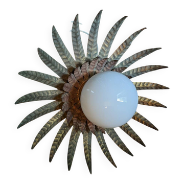 Vintage retro ceiling light, gold metal, sunburst