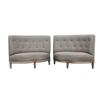 Pair of Napoleon III corner sofas reupholstered in linen