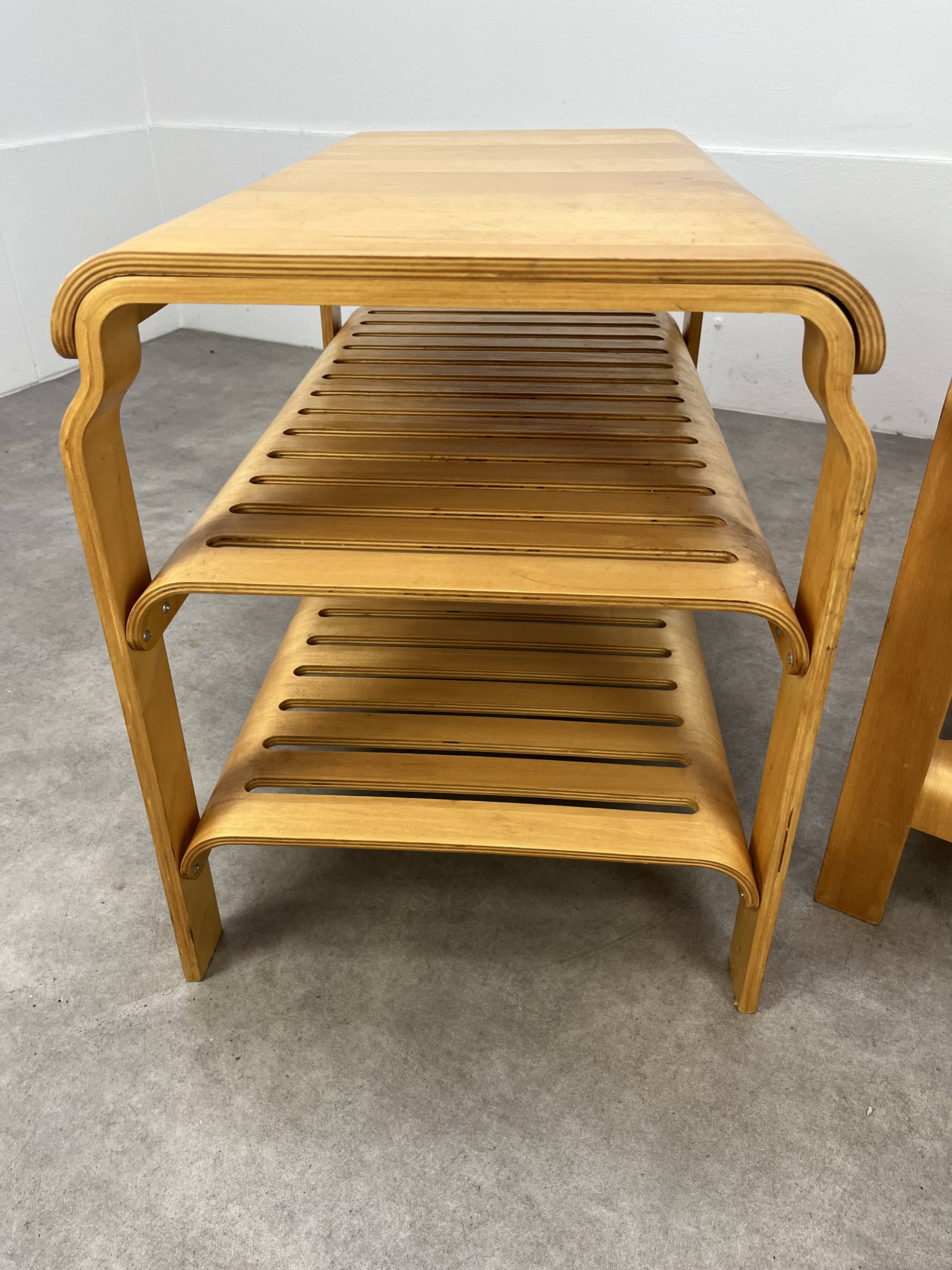 Pair of curved wooden entrance benches 1980