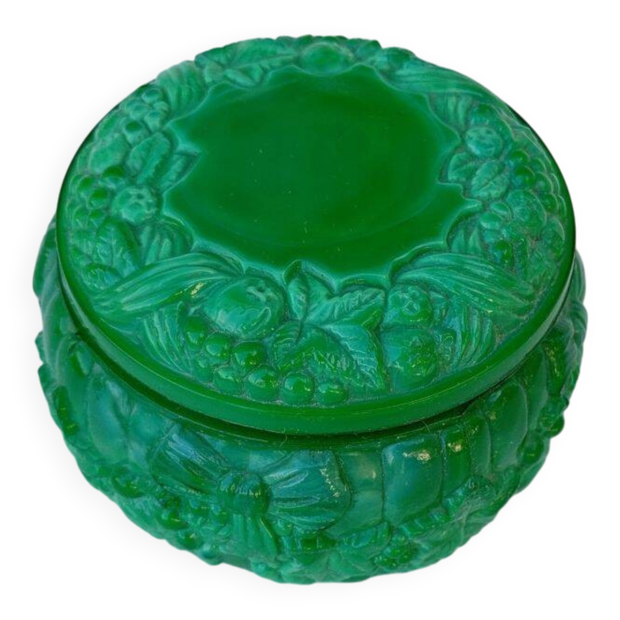 Bohemian handmade malachite glass candy dish or jewelry box.