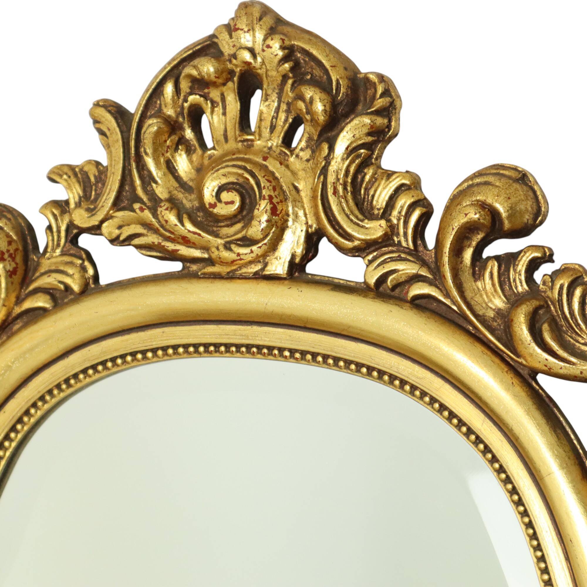 French Gold Leaf Gilded Crested Mirror Baroque Style Facet 84cm
