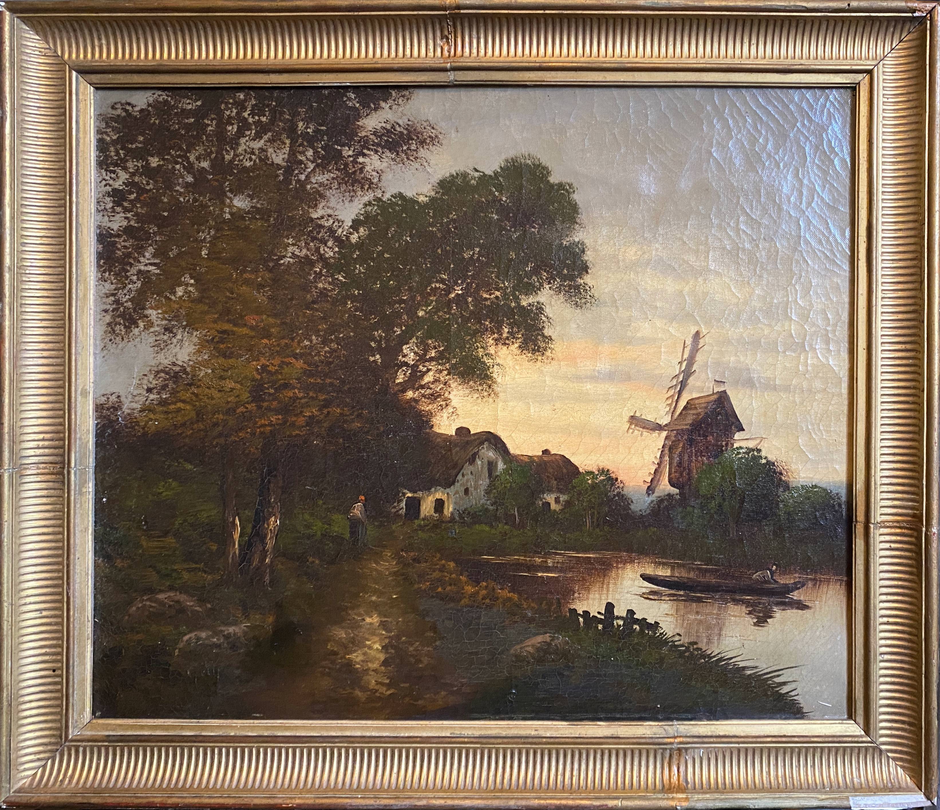 HST painting "Animated landscape at dusk" 19th century