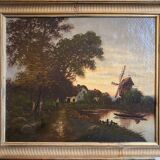 HST painting "Animated landscape at dusk" 19th century