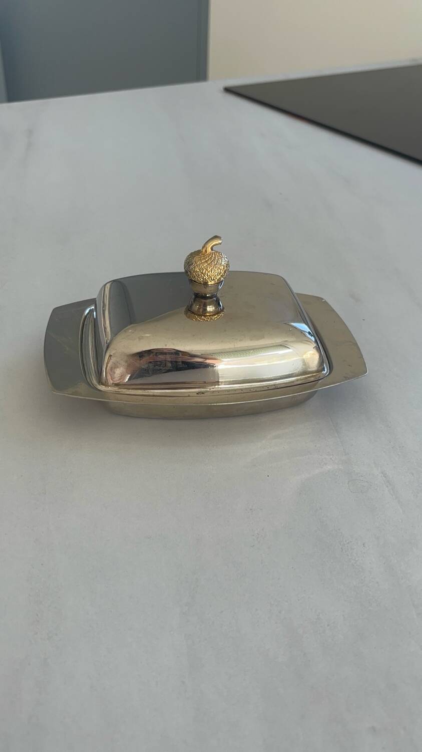Vintage silver-plated butter dish with golden hazelnut - retro elegance