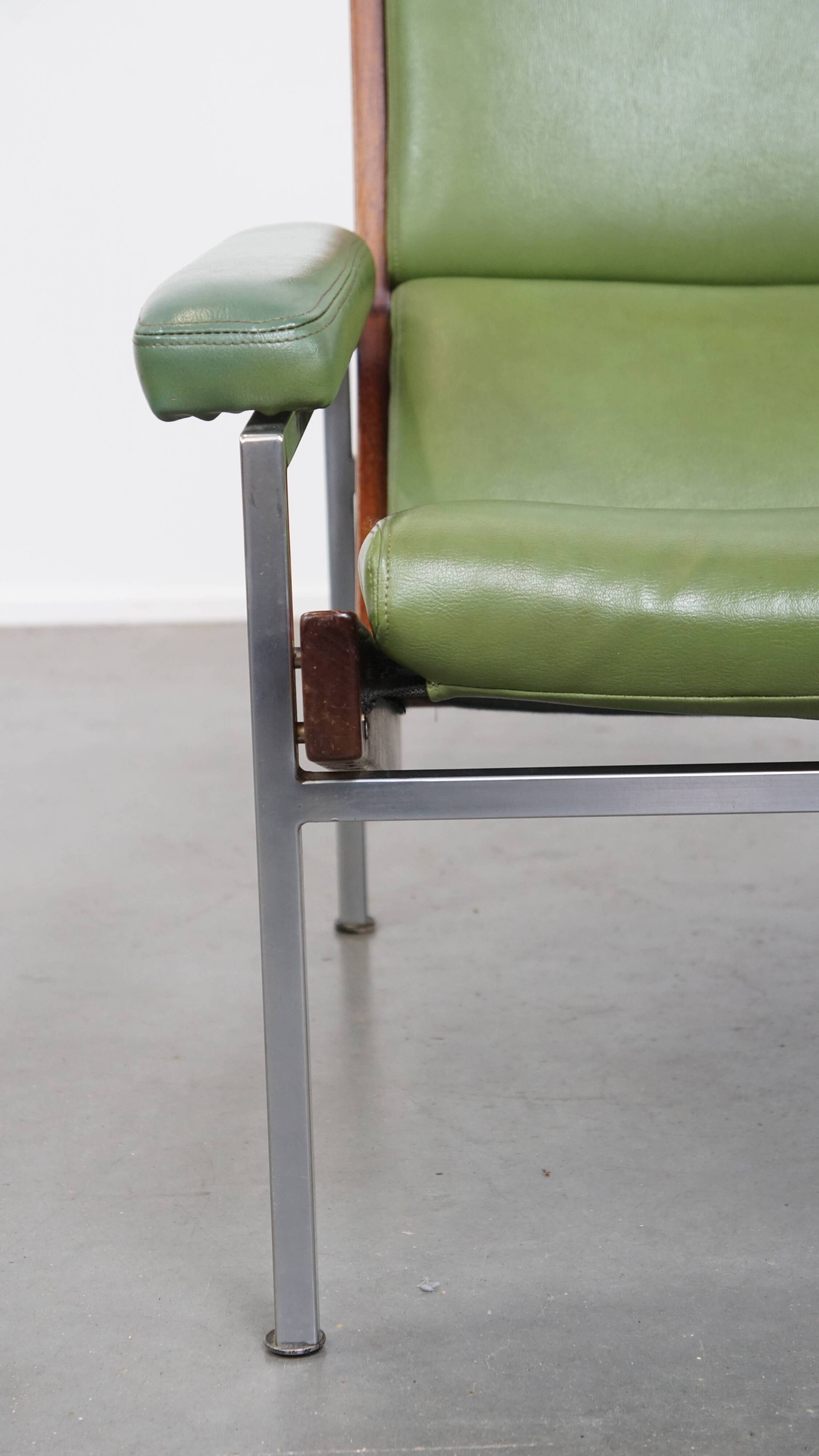 Green cowhide Leather and Wooden Vintage Armchair