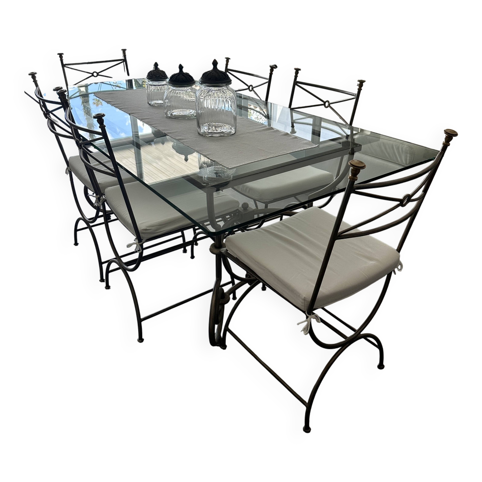 Roche Bobois glass and steel dining table and 6 chairs