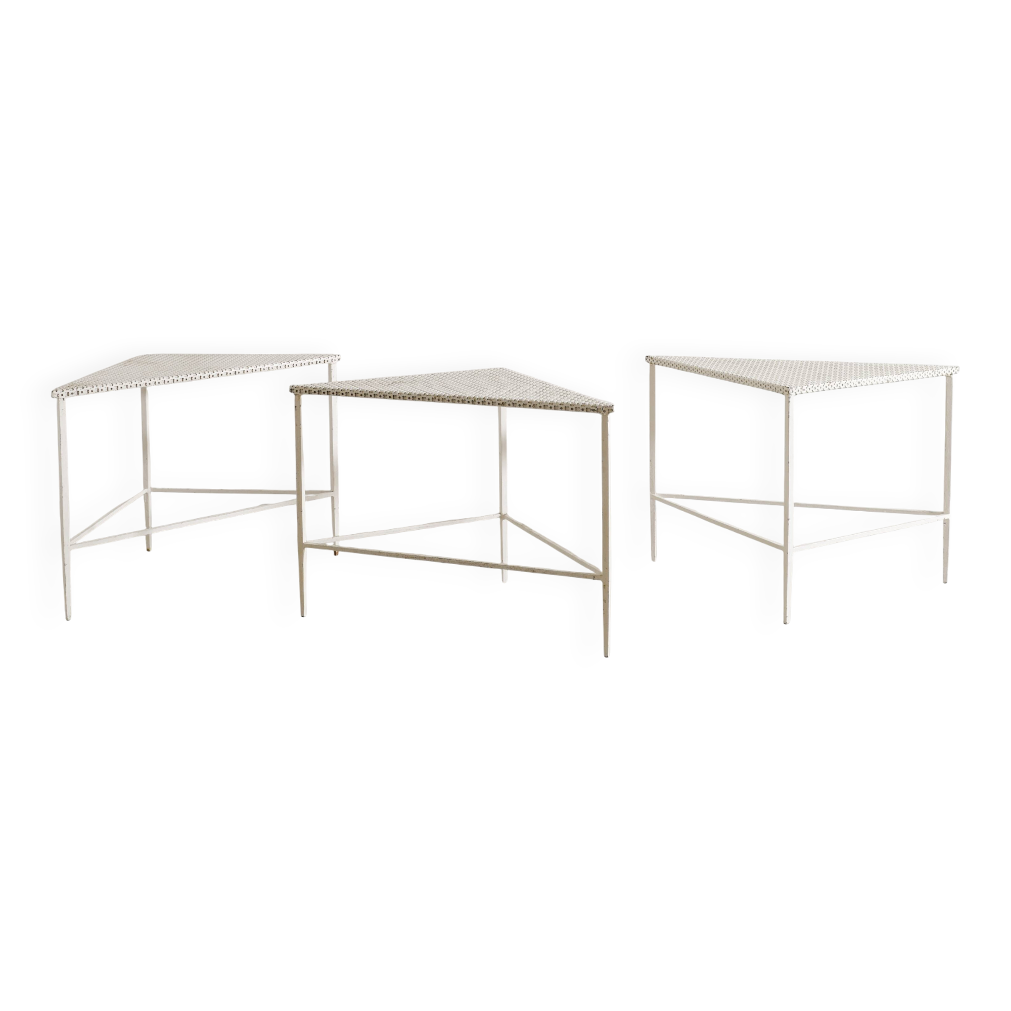 Set of Three French White Metal Side Tables by Mathieu Matégot, 1950s