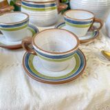 Vintage 1950s speckled stoneware coffee set with grey, green, and blue stripes