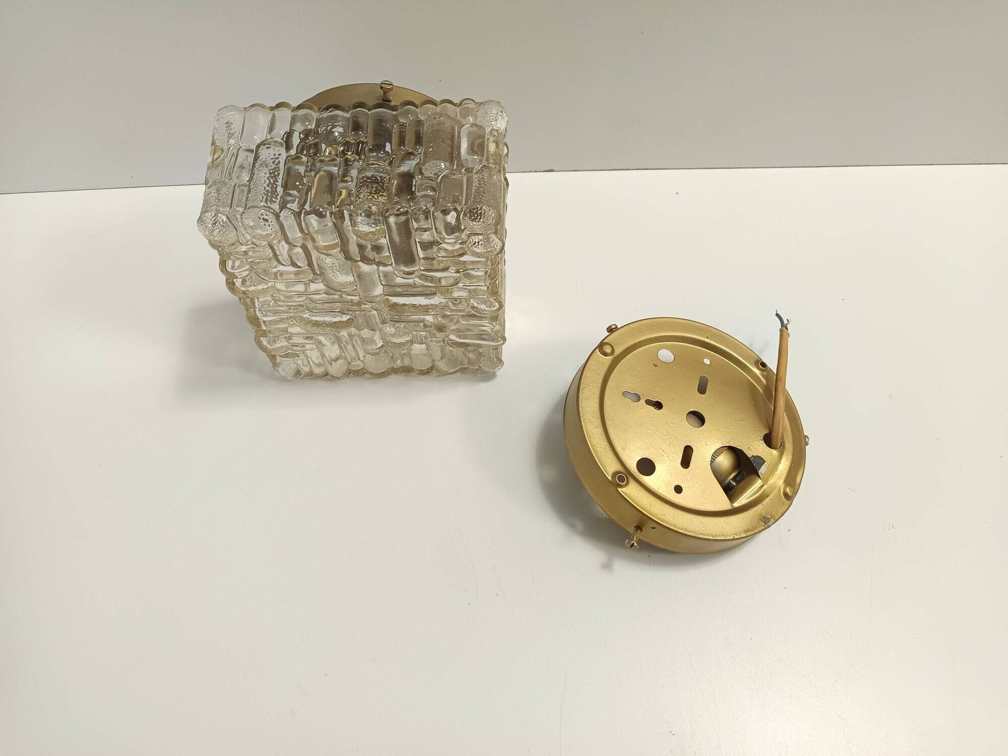 Pair of Square Molded Clear Glass and Gold Varnished Iron Wall Lights