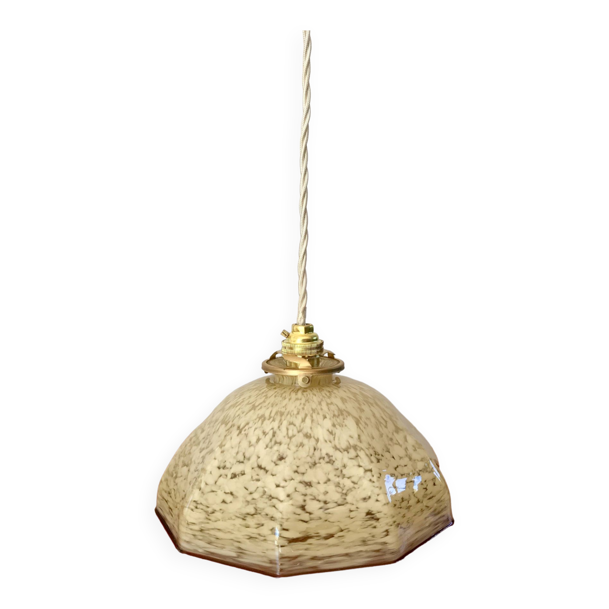 suspension graphique en verre de Clichy jaune et liseré bordeaux années 40-50