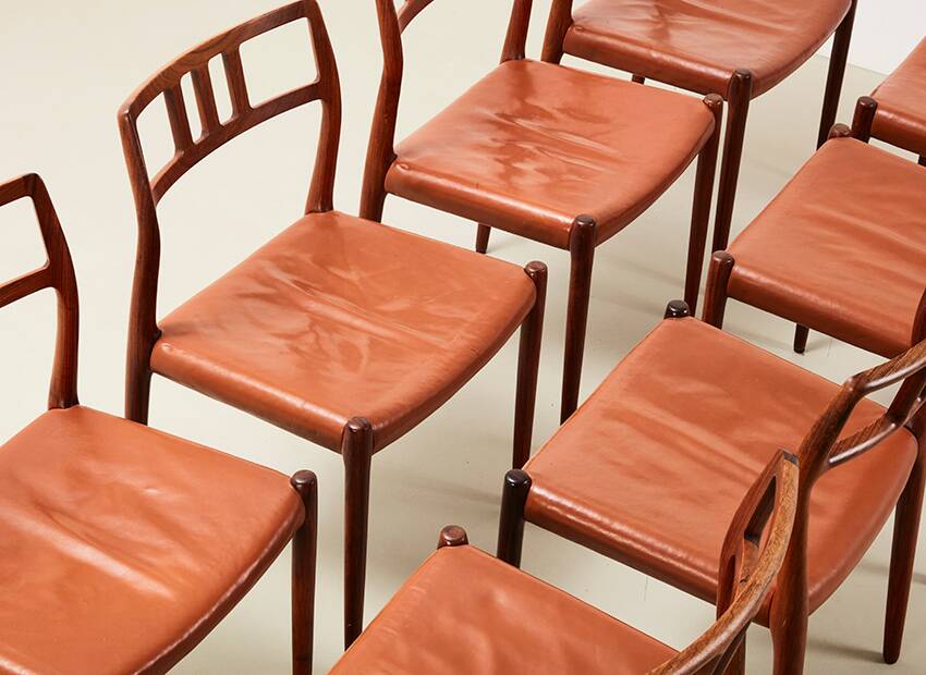 Niels Otto Moller Set of 8 Model 79 Dining Chairs in Rosewood and Leather for JL Mollers 1966