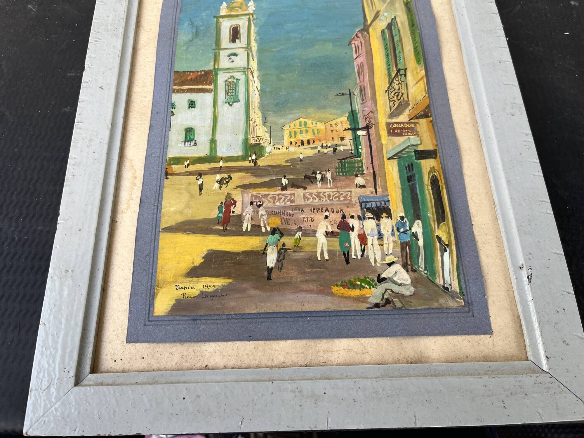 Tableau by Pierre Lagache, street scene in Bahia, Brazil, 1955, signed, framed.