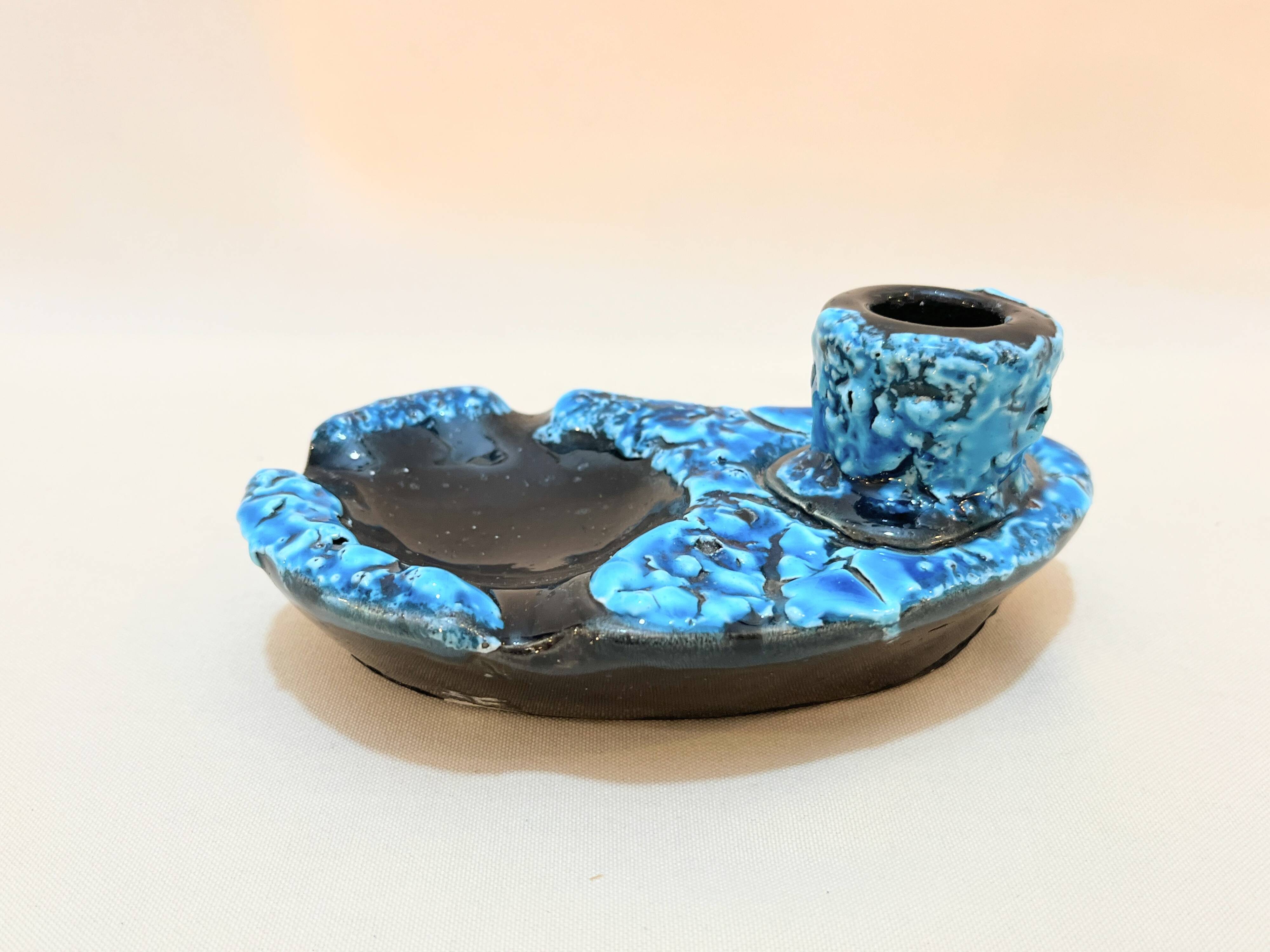 Candle holder ashtray blue fat lava glacier enamels cyclops ceramic pottery Annecy