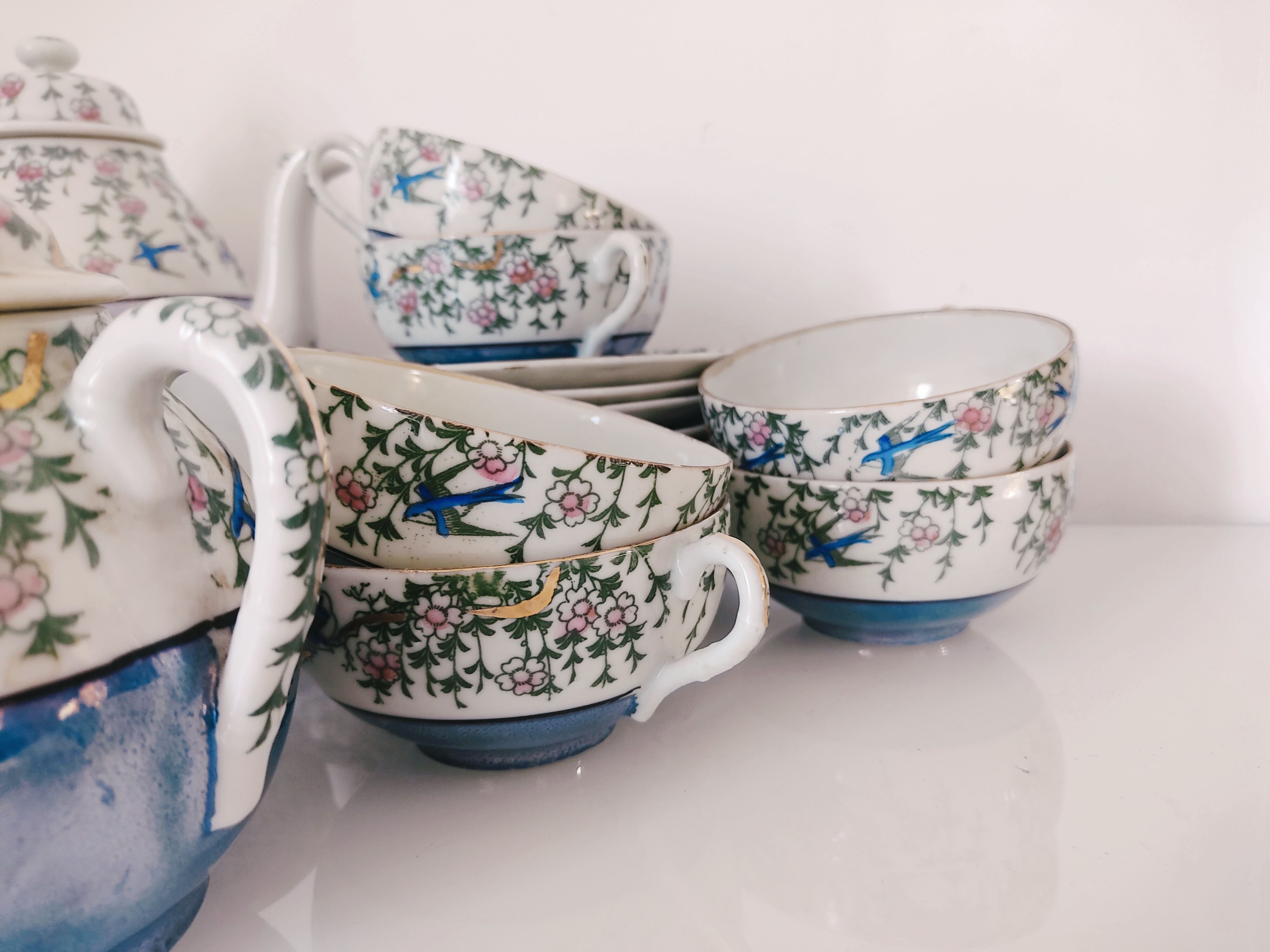 Japanese coffee set 10 cups, milk jar, sugar pot