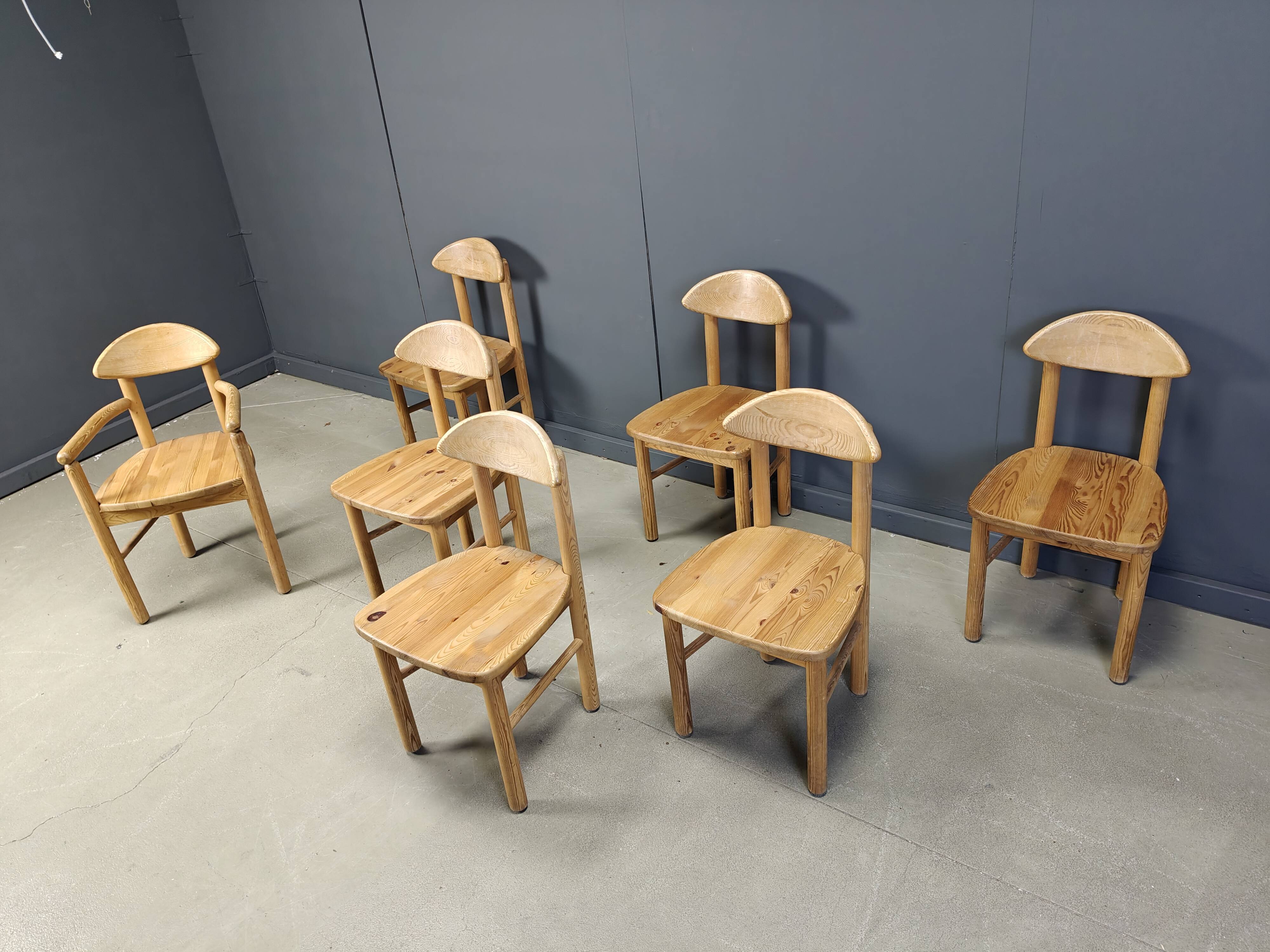 Vintage pine wood dining chairs - 1980s - set of 7