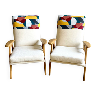 Pair of vintage armchairs wood and fabric buckle