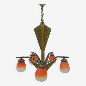 Brass Art Deco hanging lamp with 5 "pates de verre" shades