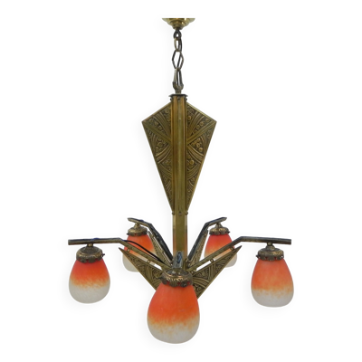 Lampe suspendue Art Déco en laiton avec 5 abat-jour « pates de verre »