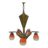 Brass Art Deco hanging lamp with 5 "pates de verre" shades