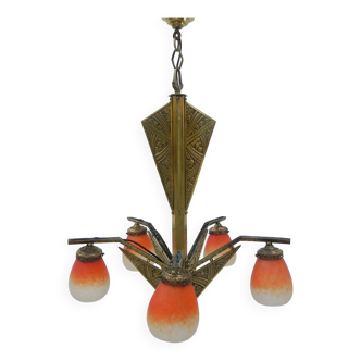 Brass Art Deco hanging lamp with 5 "pates de verre" shades