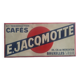 Ancienne plaque en tôle "Cafés Jacqmotte Bruxelles" 19x40cm 1937