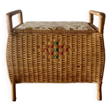 Large vintage rattan and wicker sewing basket with floral decor seat