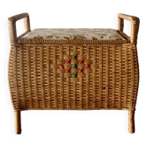 Grand panier à couture en rotin et osier vintage avec siège décor floral