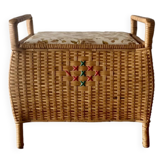 Large vintage rattan and wicker sewing basket with floral decor seat