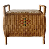 Large vintage rattan and wicker sewing basket with floral decor seat