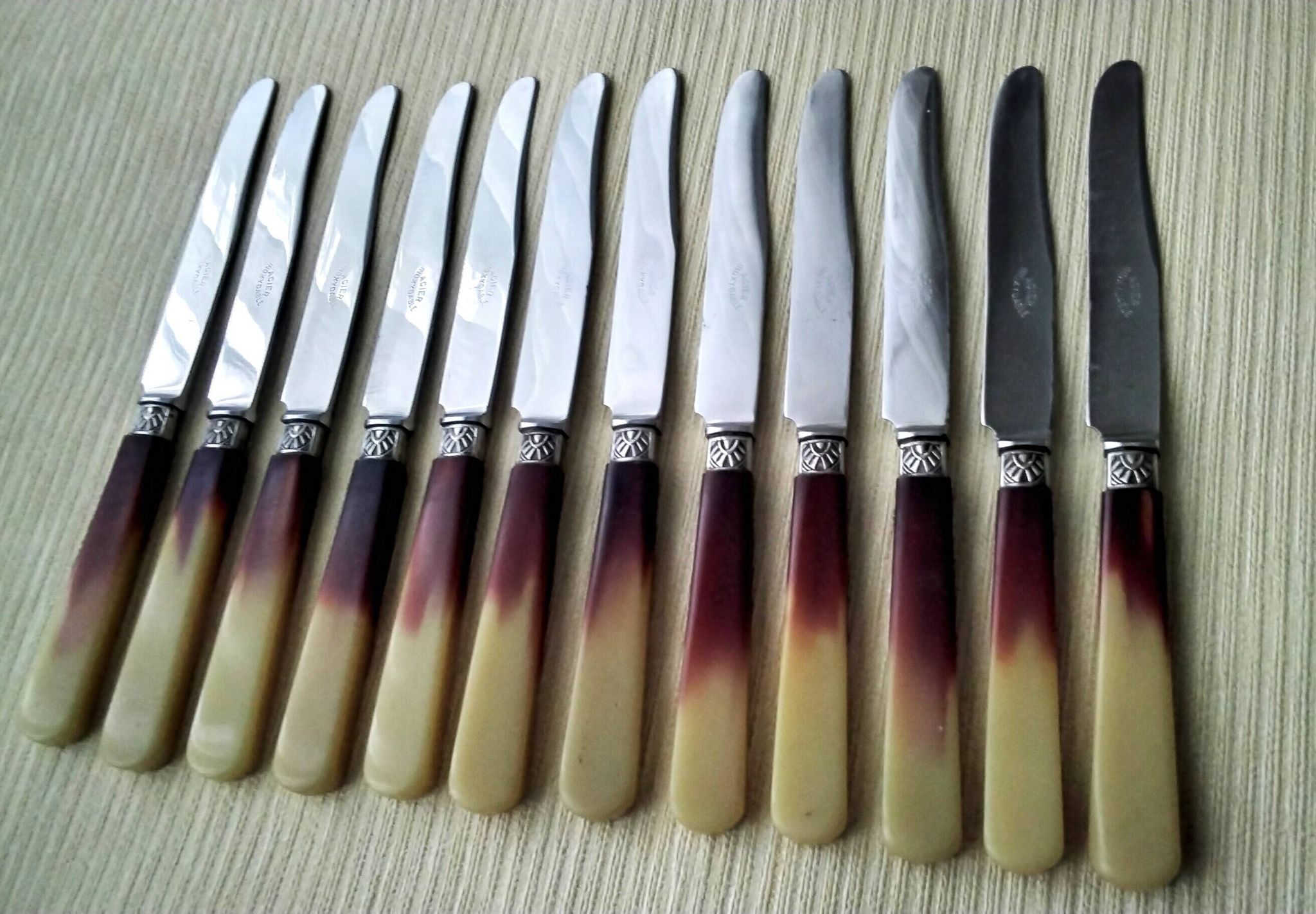 12 cheese knives, fruit handle in horn