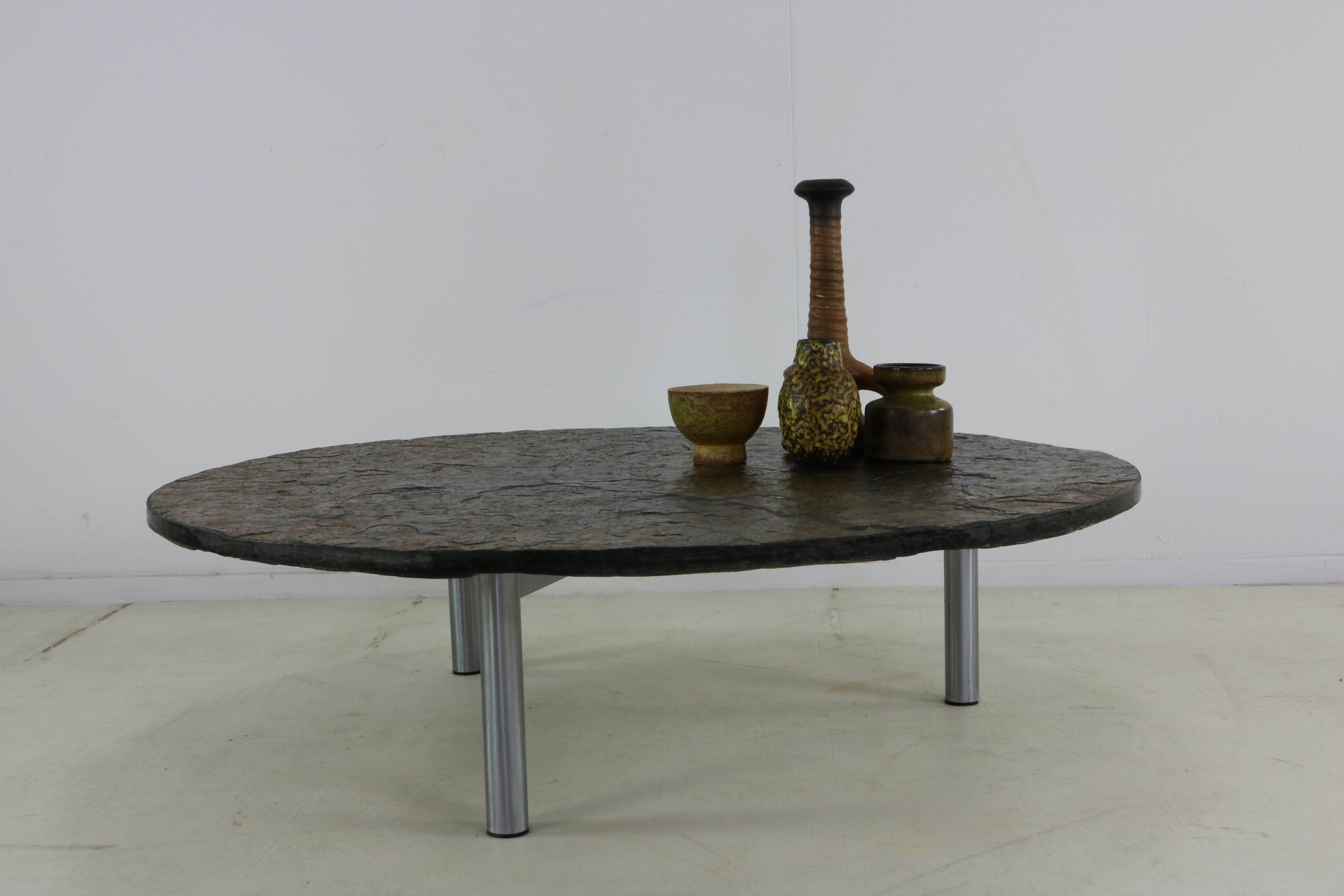 Large brutalist slate stone round coffee table
