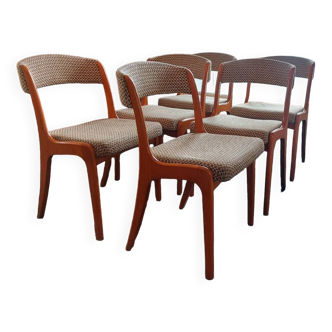 Suite de 6 chaises vintage - Modèle “Cadix” de la maison Baumann - vintage en hêtre et tweed damier - années 70