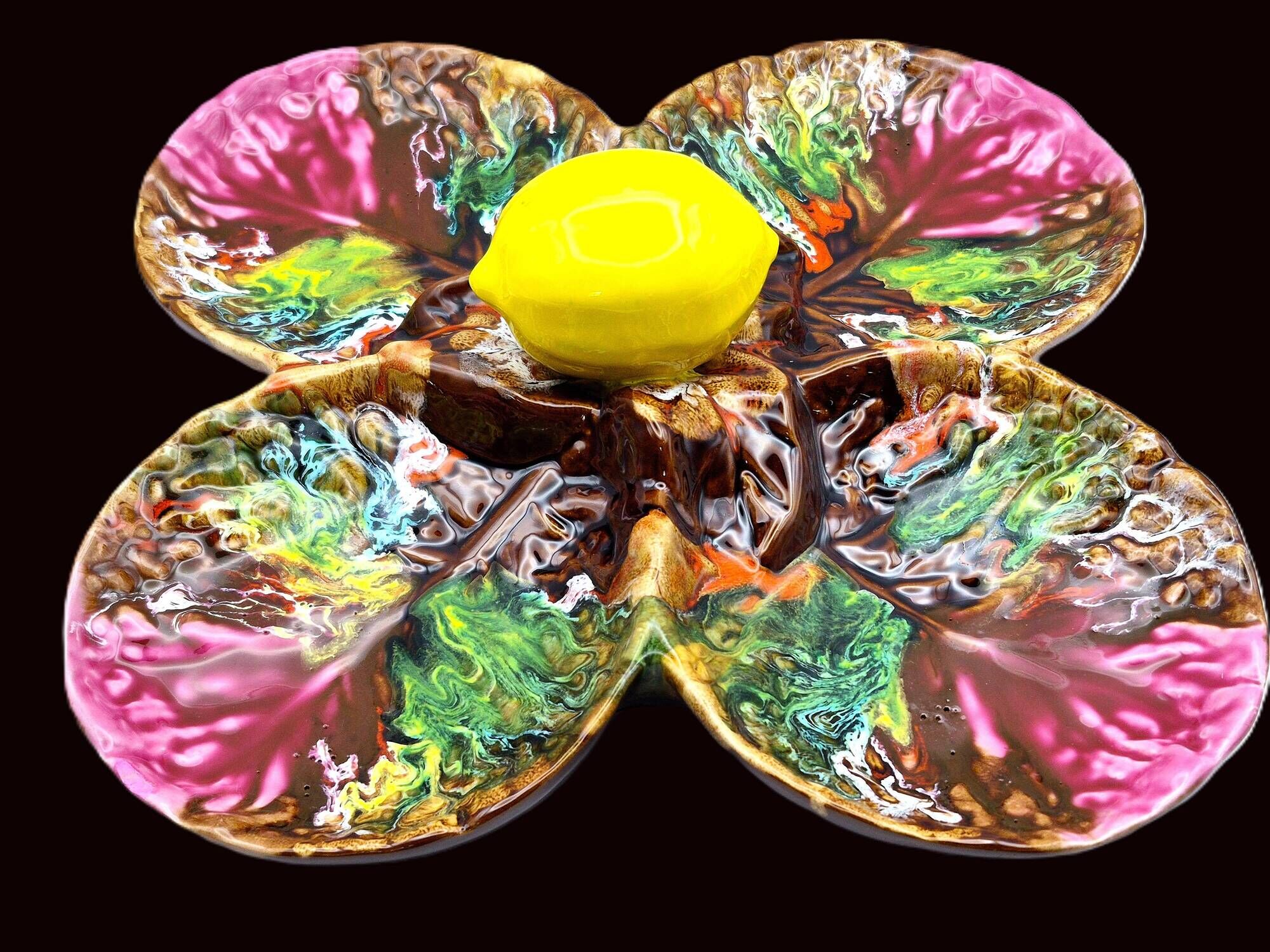 Vintage Vallauris A.M. plate – quadrilobed enamelled bowl with lemon – 50s