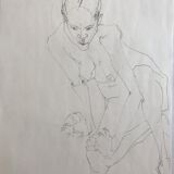 croquis au crayon sur papier de robert haisley, etude de corps féminin, modèle assis