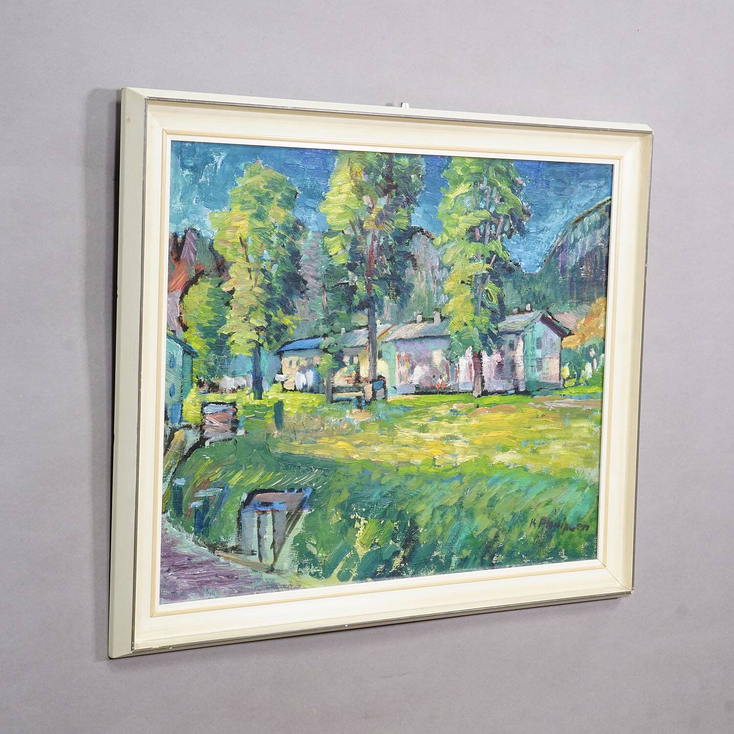 Impressionist painting of a garden with buildings in the background.