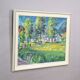 Impressionist painting of a garden with buildings in the background.