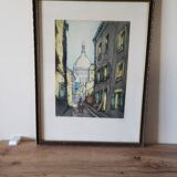 Etching Marcel Julien Baron signed, hand-colored print / Rue de Paris
