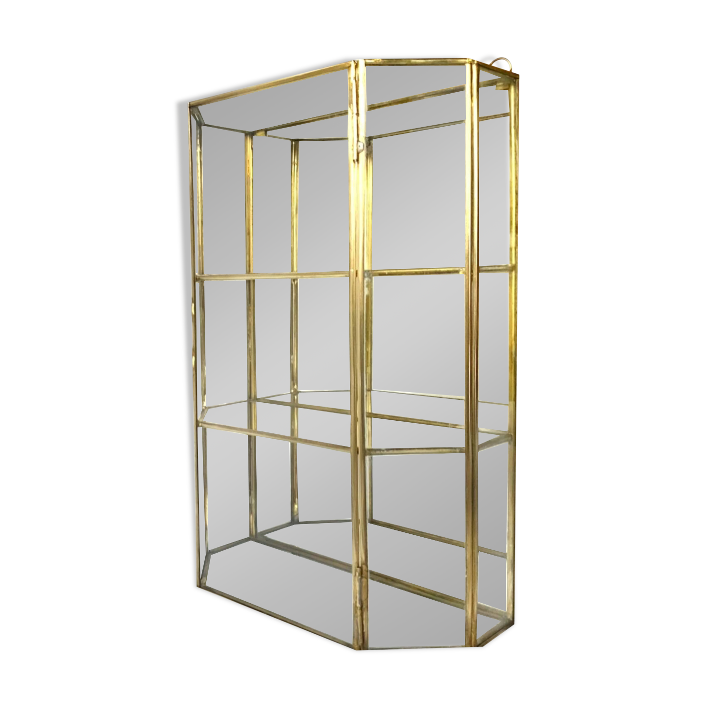 Small vintage display case in clear glass, mirrored glass and brass