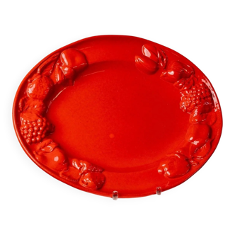 XL red ceramic plate oval 1980s - fruit relief - Mid Century design - Italian craftsmanship