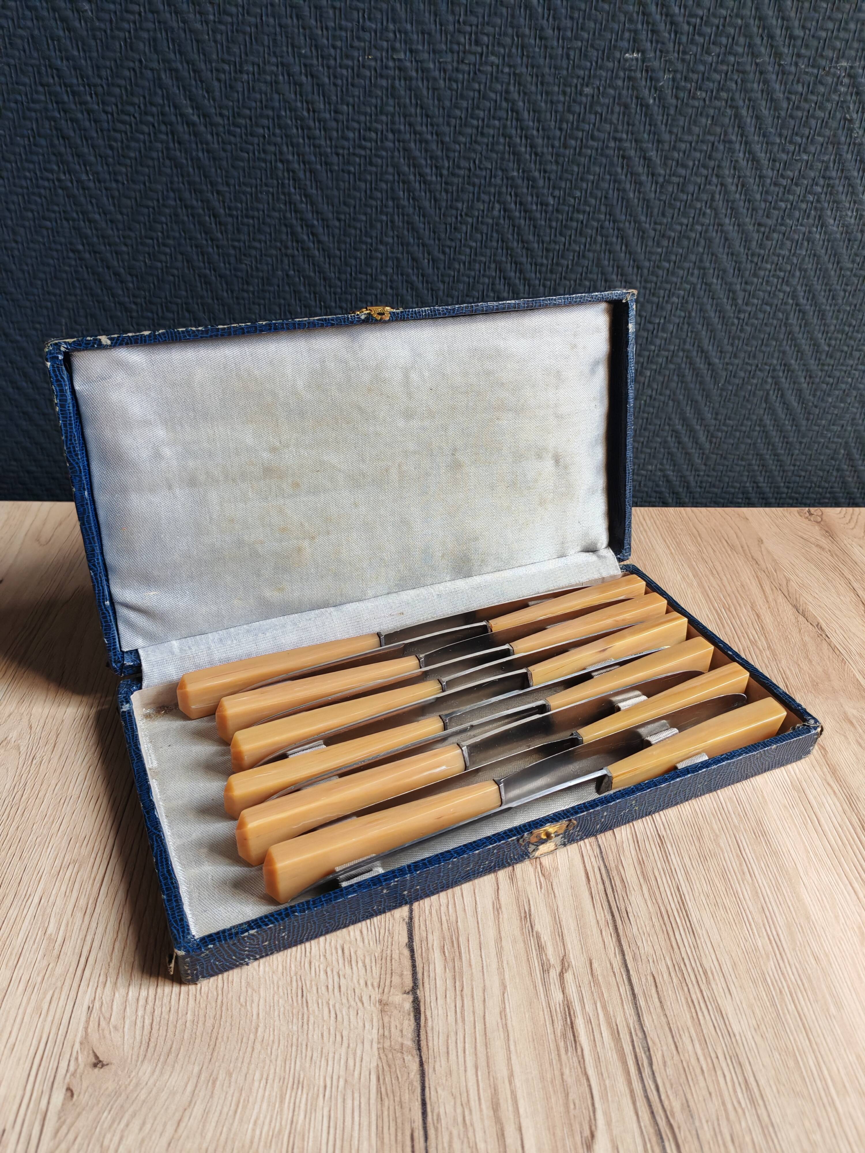 Coffret 12 couteaux de table vintage | Manches bakélite ivoire