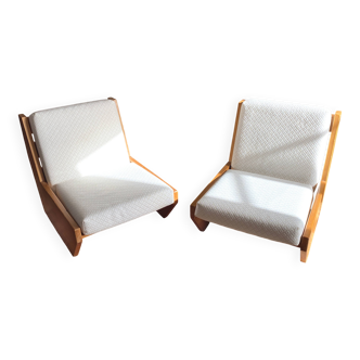 Vintage pair of pine armchairs by René Martin, cabinetmaker Perriand, 1950s.