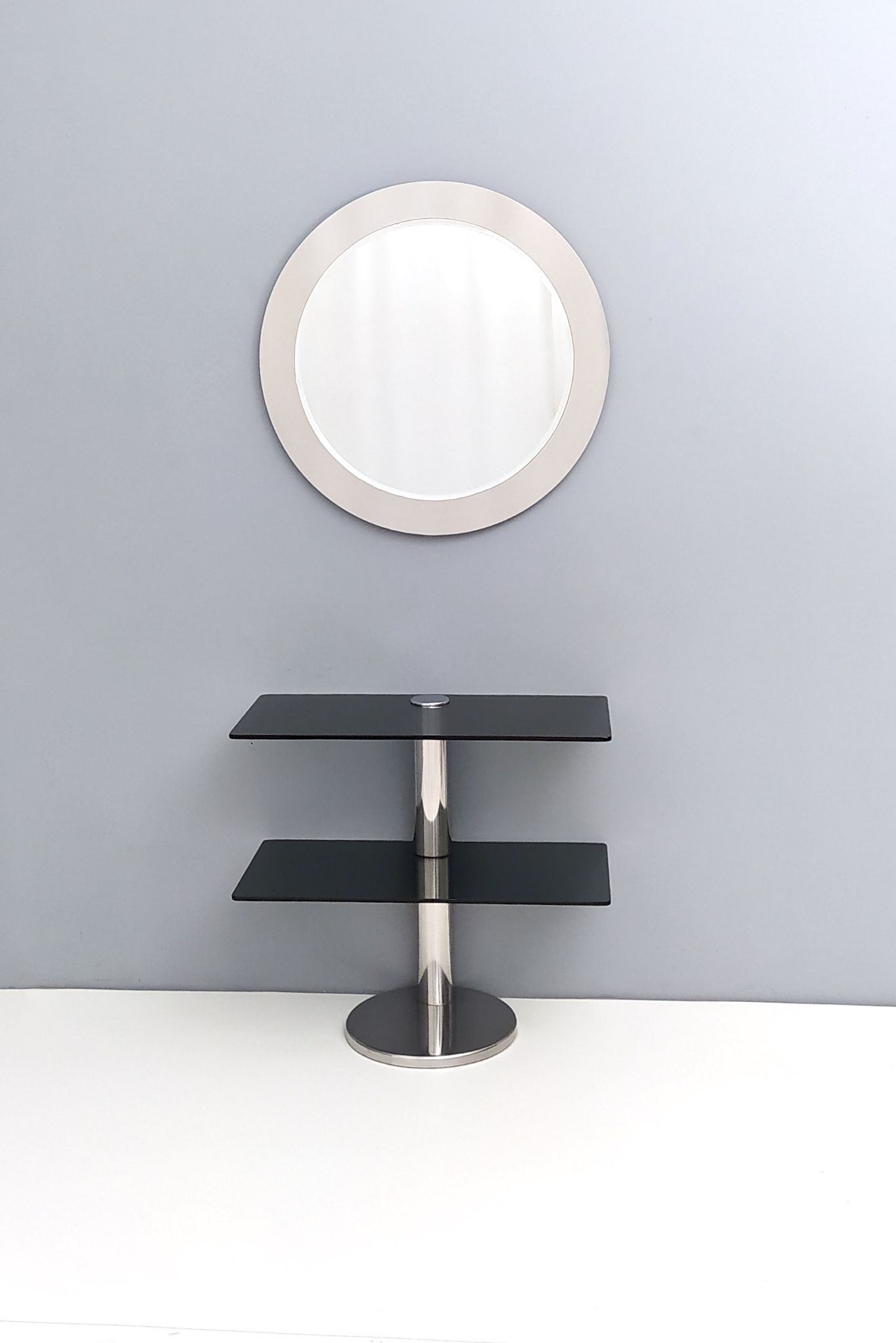 Postmodern Chromed Metal Console Table with Two Smoked Glass Shelves, Italy